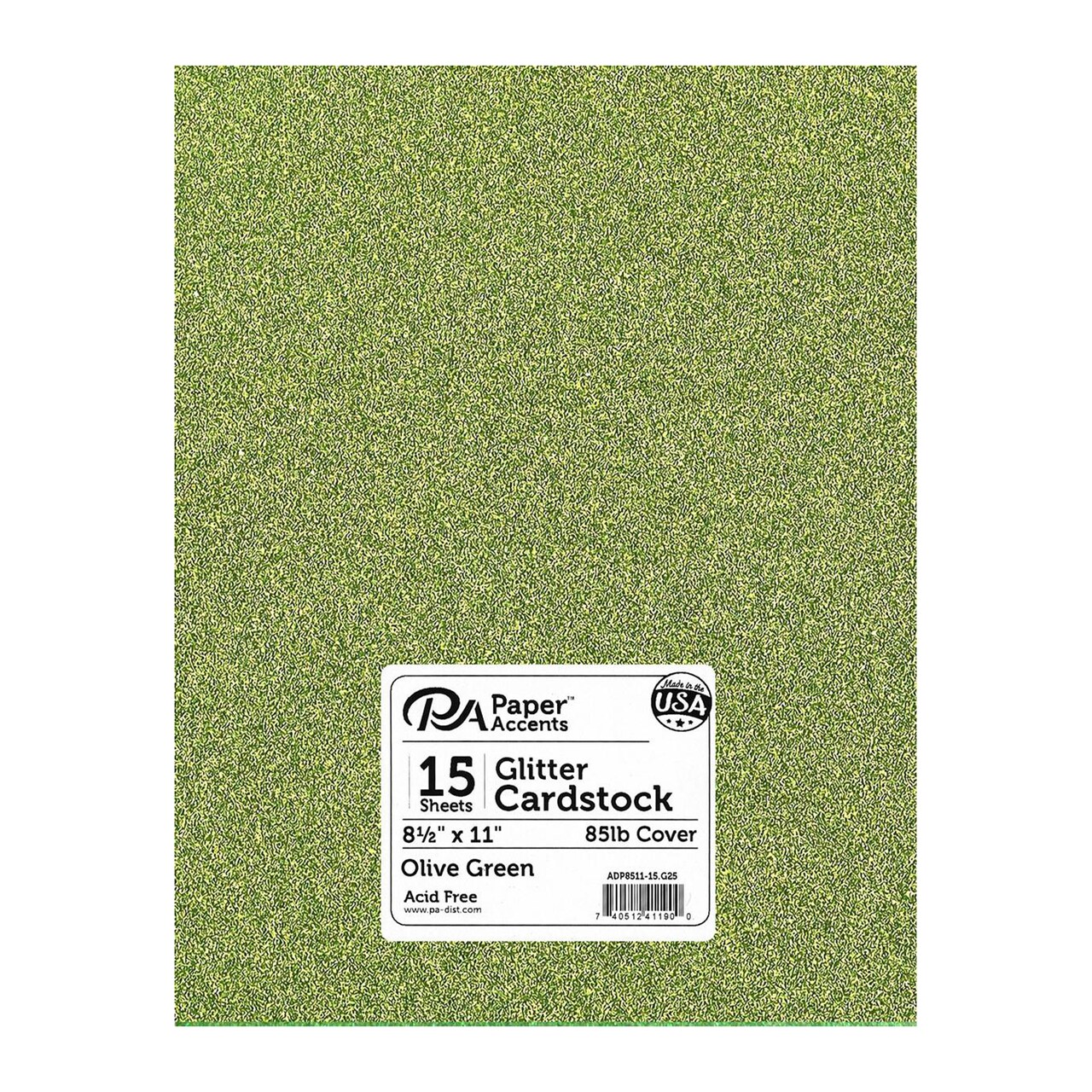 PA Paper Accents Glitter Cardstock 8.5" x 11" Olive Green, 85lb colored cardstock paper for card making, scrapbooking, printing, quilling and crafts, 15 piece pack